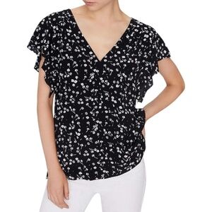 Anthropologie Floral Print Flutter Sleeve Blouse Navy, Red and White, Size SM